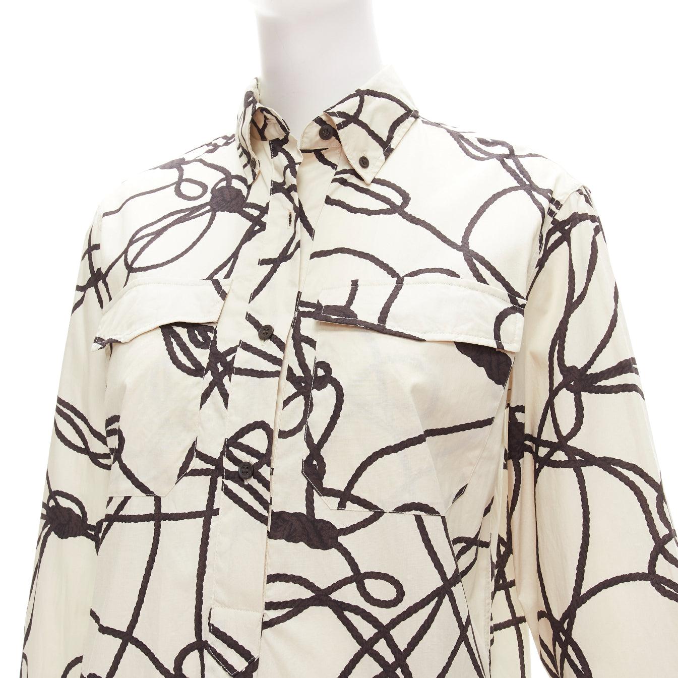 DRIES VAN NOTEN beige black rope print cotton pocketed shirt dress FR34 XS For Sale 1