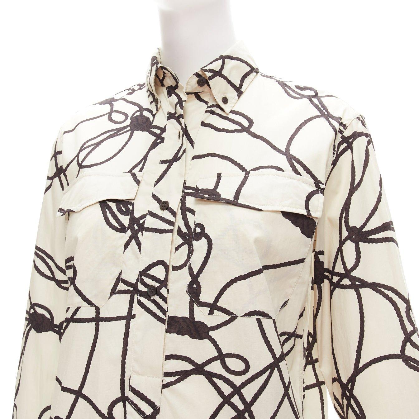 DRIES VAN NOTEN beige black rope print cotton pocketed shirt dress FR34 XS For Sale 2