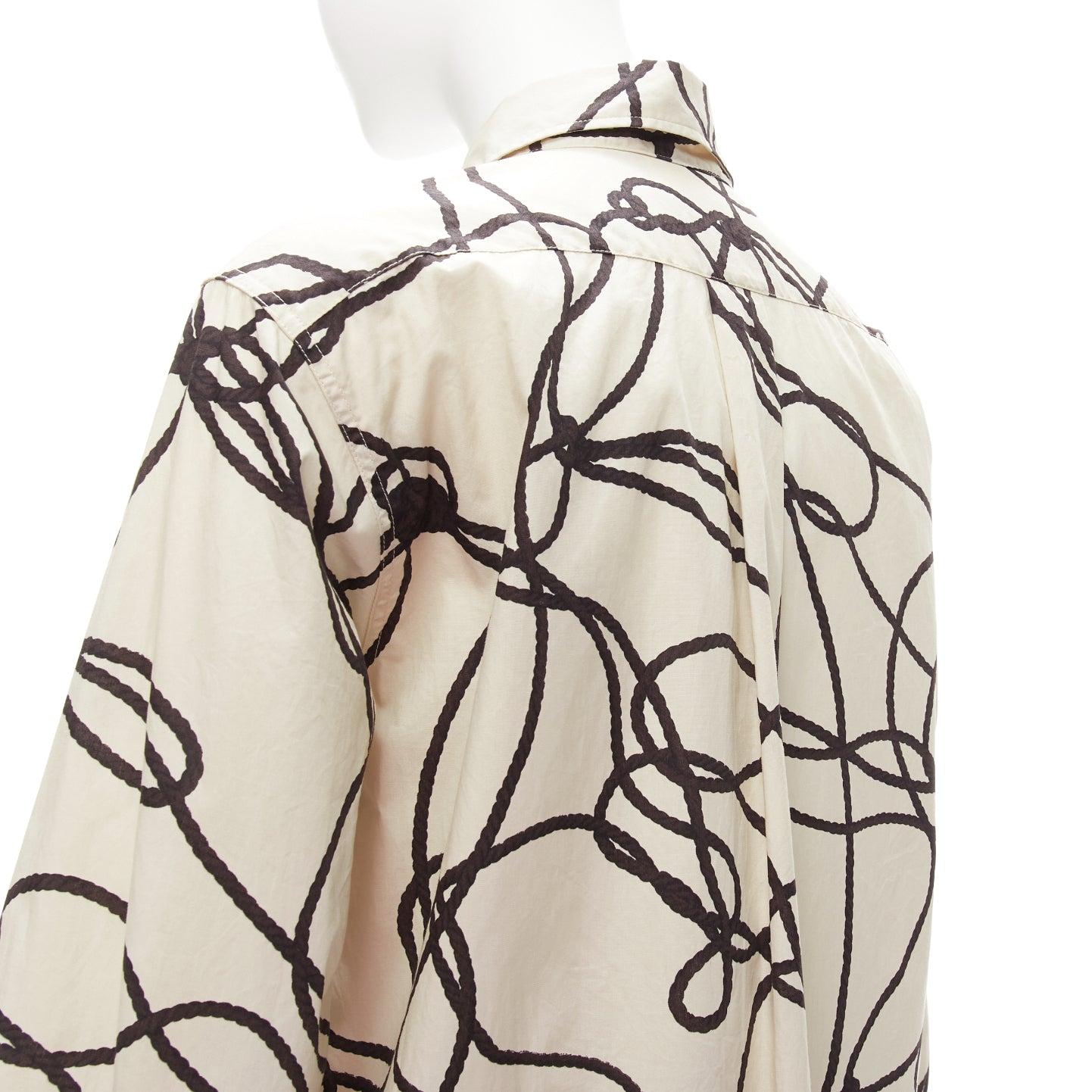 DRIES VAN NOTEN beige black rope print cotton pocketed shirt dress FR34 XS For Sale 2