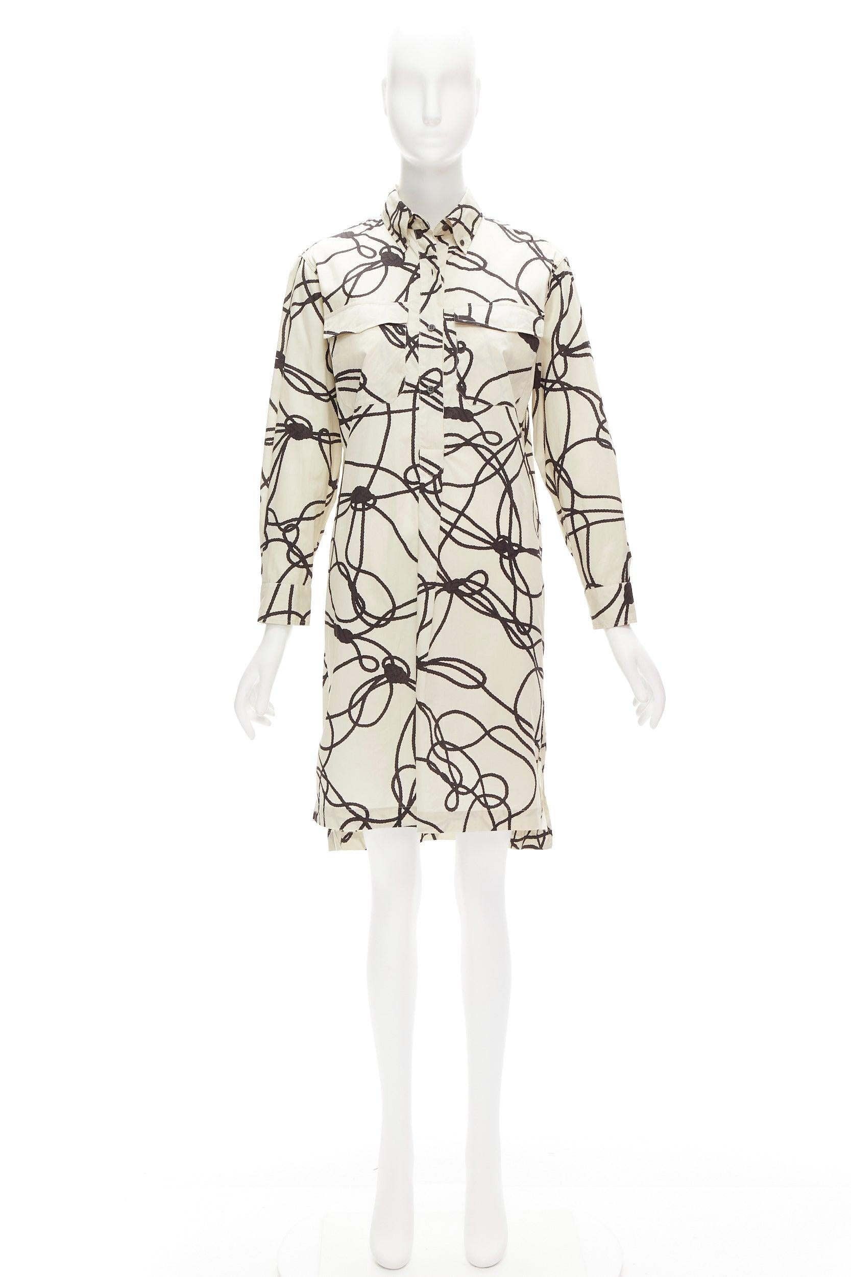 DRIES VAN NOTEN beige black rope print cotton pocketed shirt dress FR34 XS For Sale 4