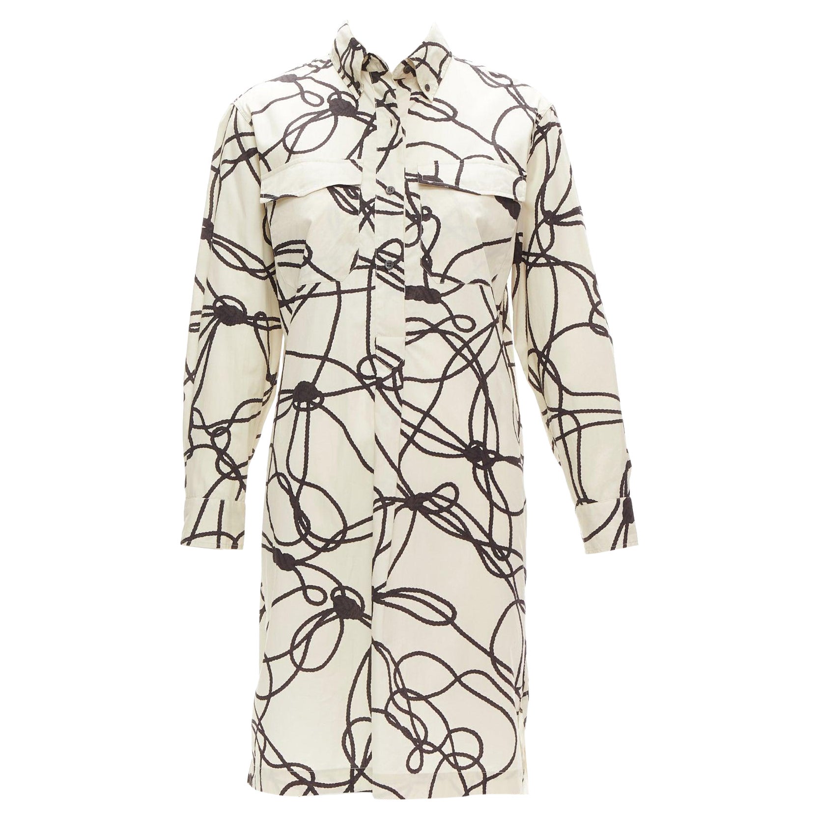 DRIES VAN NOTEN beige black rope print cotton pocketed shirt dress FR34 XS