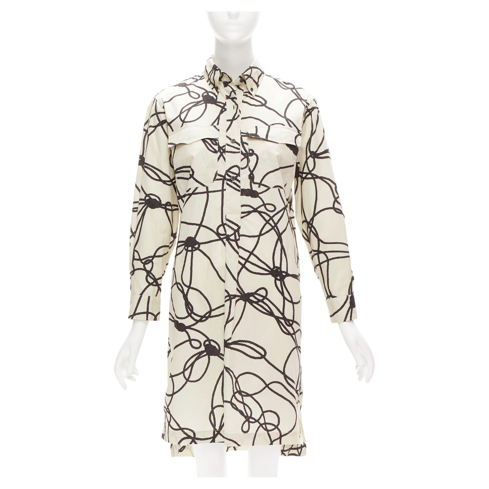 DRIES VAN NOTEN beige black rope print cotton pocketed shirt dress FR34 XS For Sale