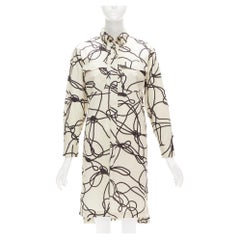 DRIES VAN NOTEN beige schwarzes Hemdkleid aus Baumwolle mit Seildruck und Tasche FR34 XS