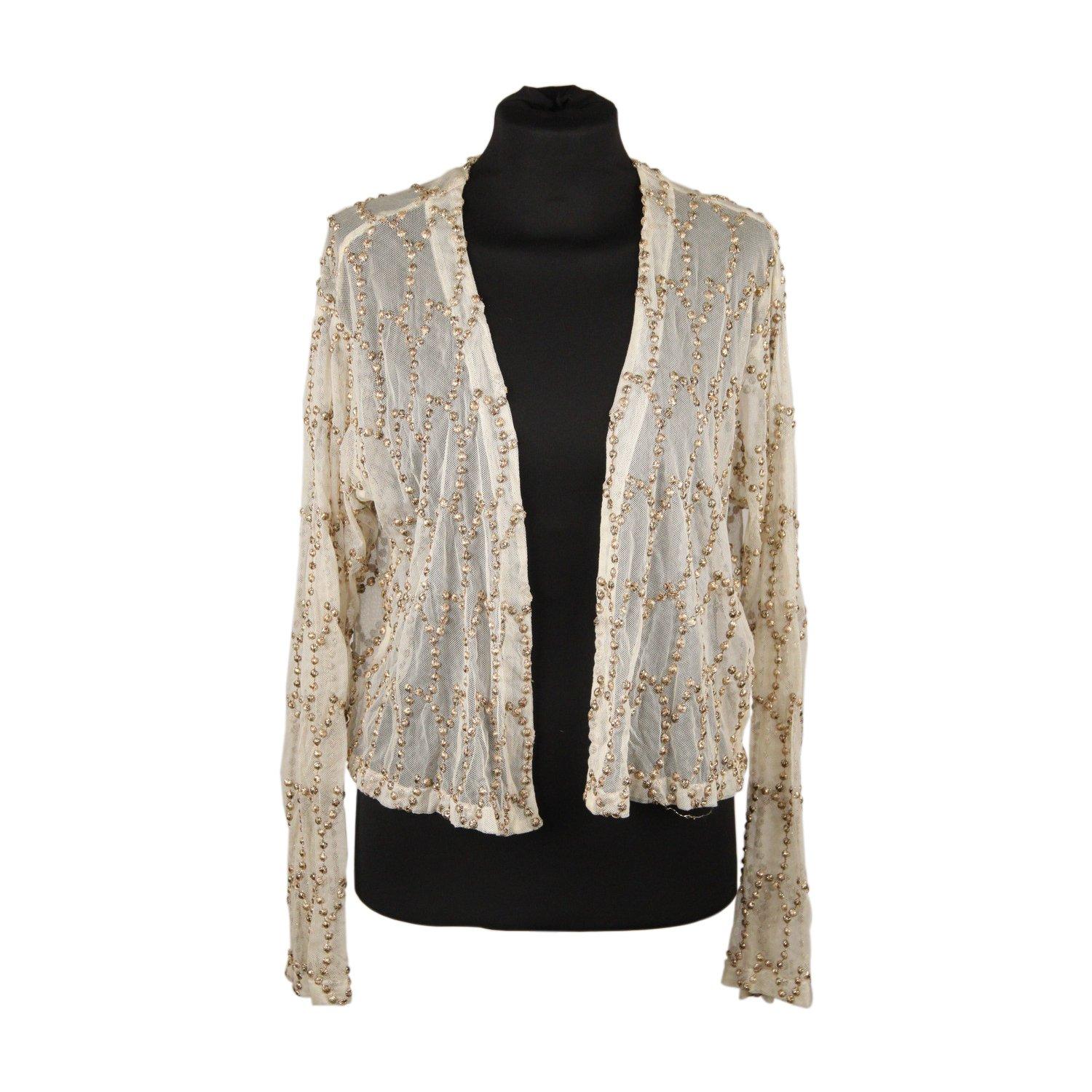 MATERIAL: Mesh COLOR: Beige MODEL: Open Front Jacket GENDER: Women SIZE: Small CONDITION RATING: B :GOOD CONDITION - Some light wear of use CONDITION DETAILS: Gently used MEASUREMENTS: SHOULDER TO SHOULDER: BUST: 17 inches - 43,2 cm (flat - From