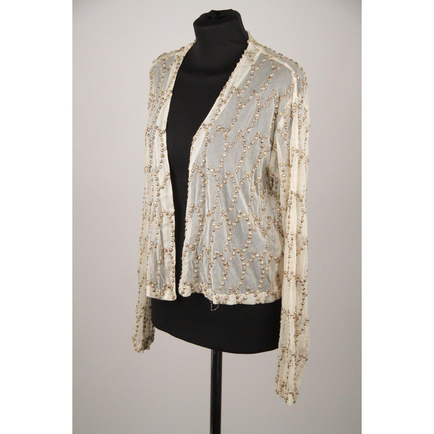 DRIES VAN NOTEN Beige Mesh Embroidered Open Front Jacket Size 38 In Excellent Condition In Rome, Rome