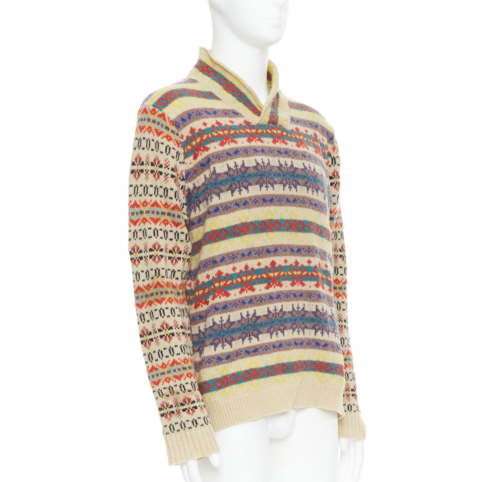 Beige DRIES VAN NOTEN beige striped fairisle shetland wool sweater L For Sale