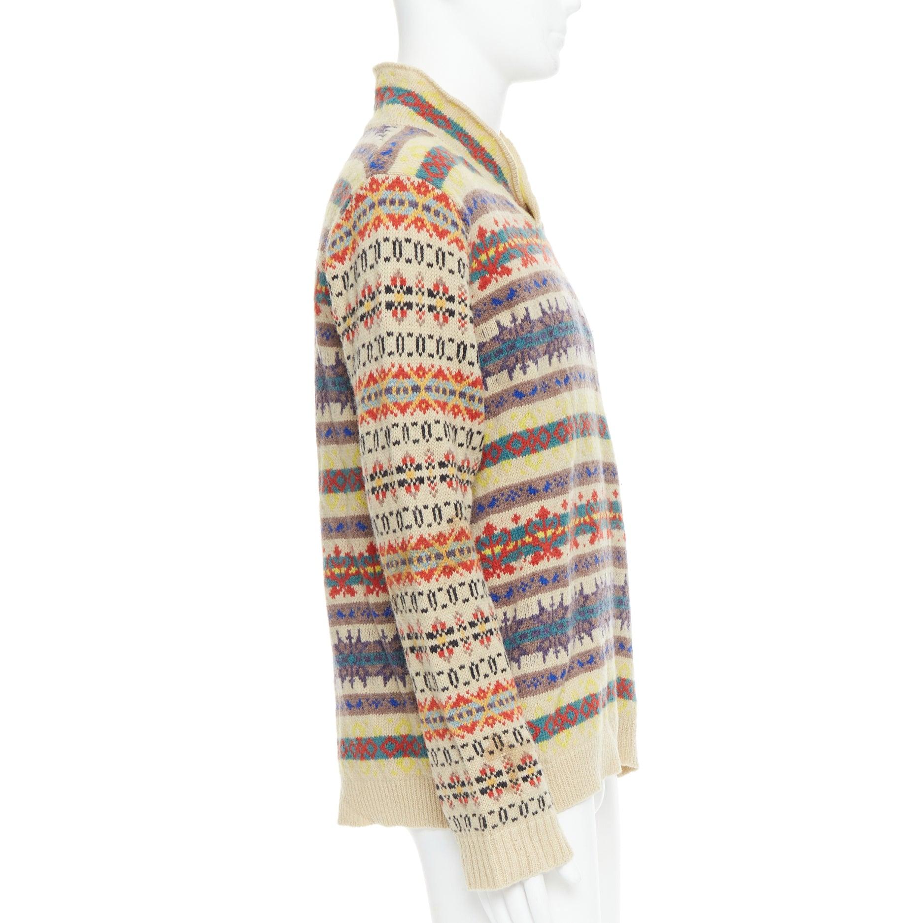 DRIES VAN NOTEN beige striped fairisle shetland wool sweater L In Good Condition For Sale In Hong Kong, NT