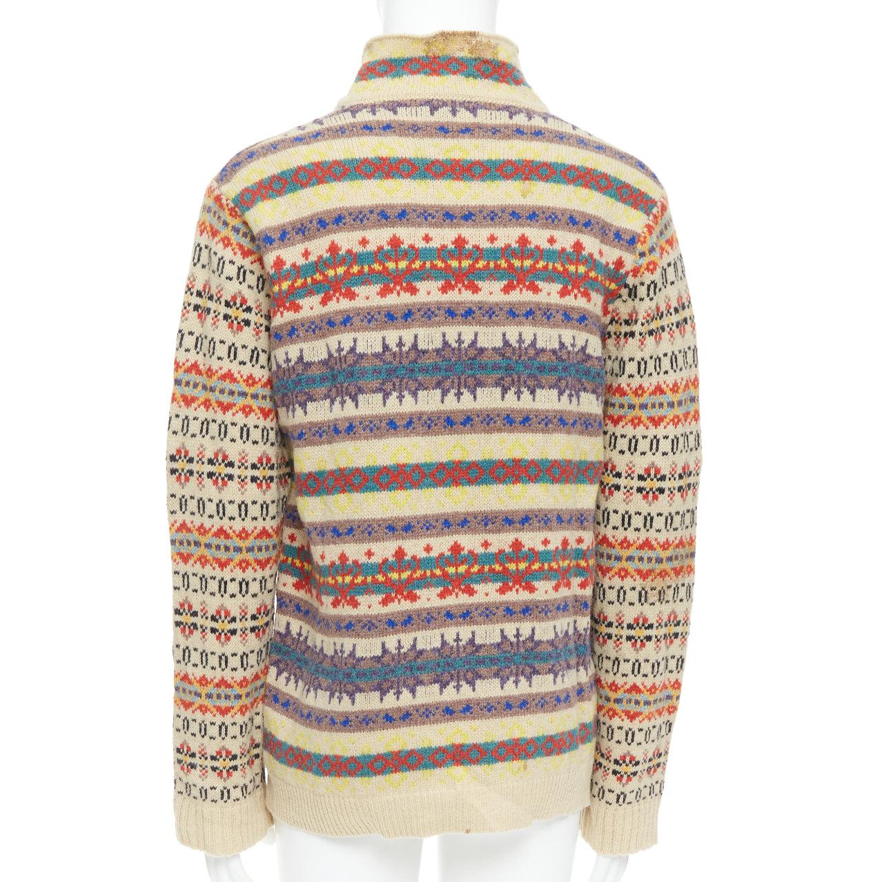 Men's DRIES VAN NOTEN beige striped fairisle shetland wool sweater L For Sale