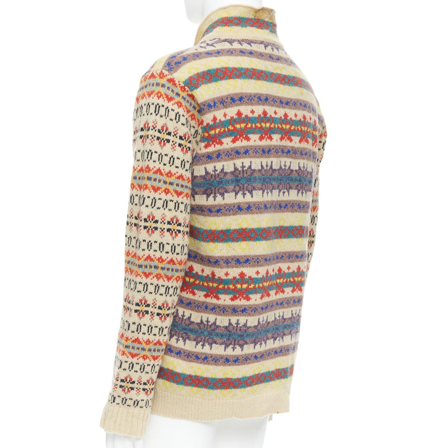 DRIES VAN NOTEN beige striped fairisle shetland wool sweater L For Sale 1
