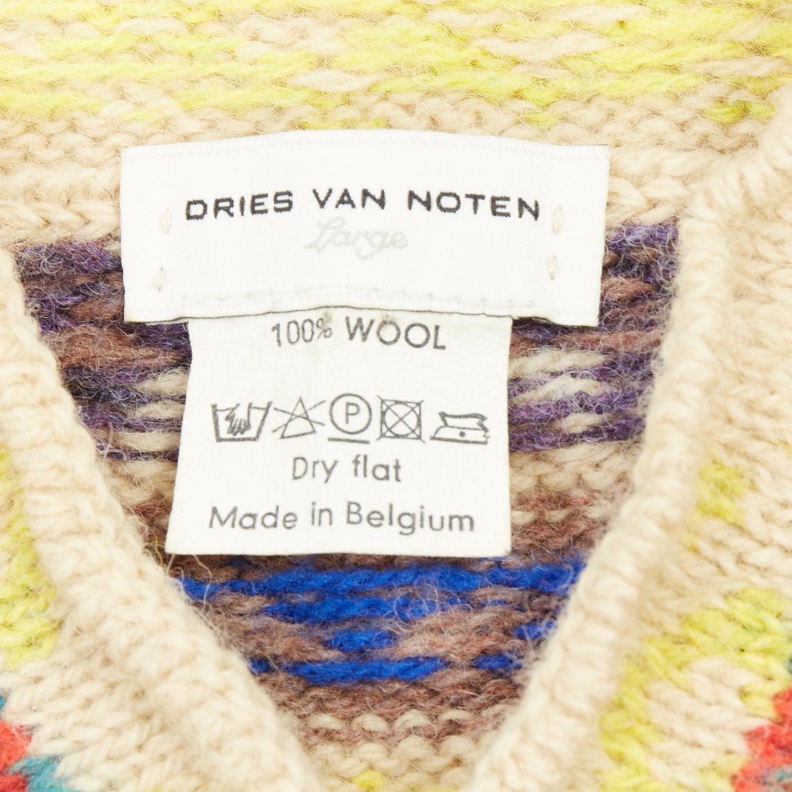 DRIES VAN NOTEN beige striped fairisle shetland wool sweater L For Sale 3