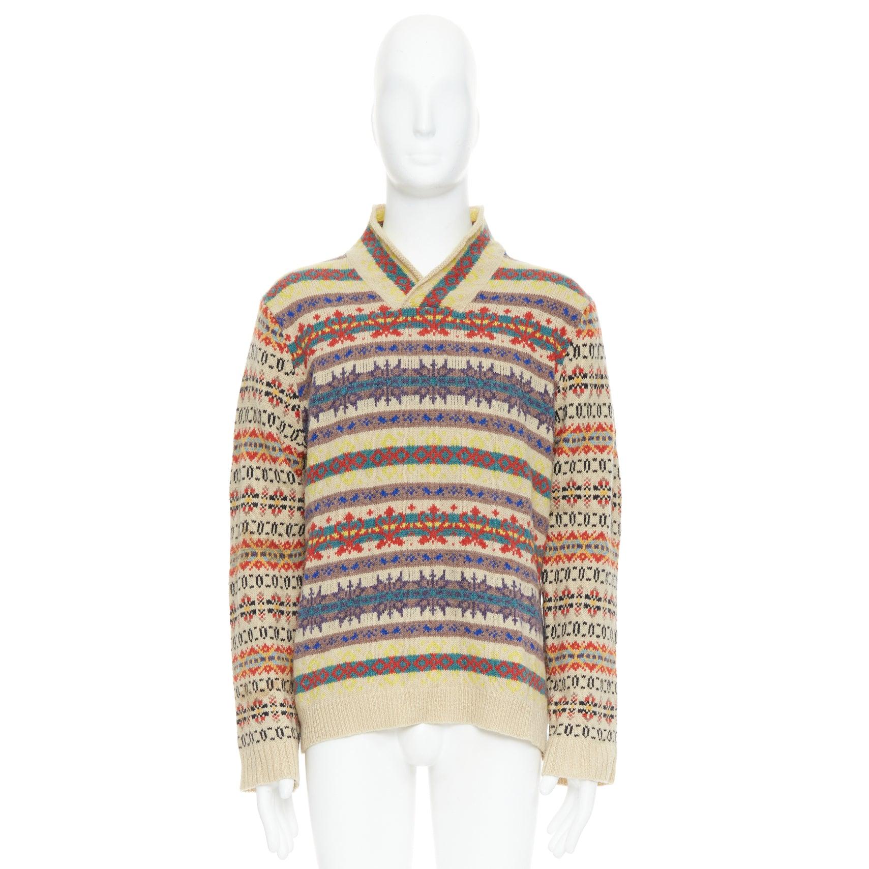 DRIES VAN NOTEN beige striped fairisle shetland wool sweater L For Sale 4