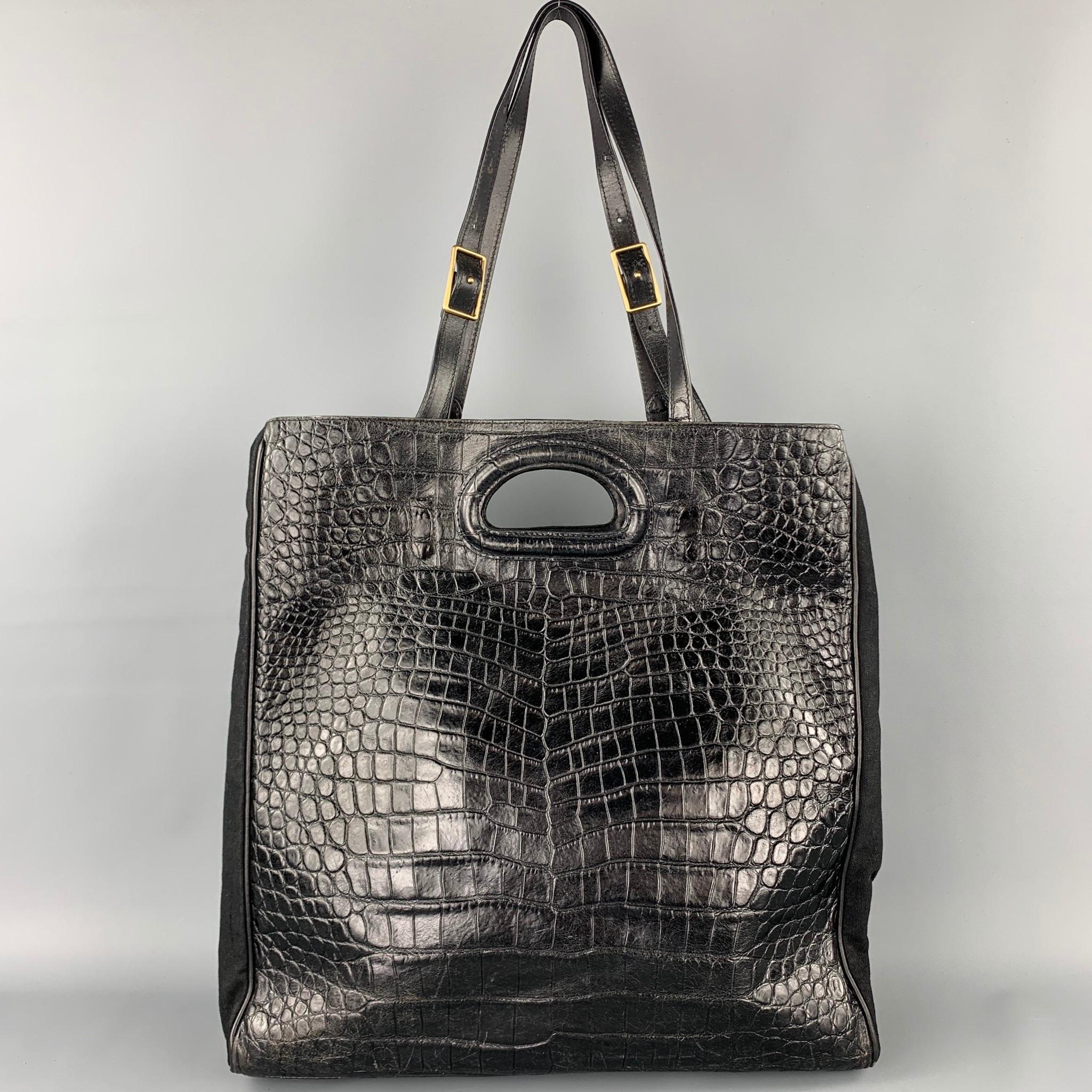 DRIES VAN NOTEN Black Alligator Embossed Leather Canvas Tote Handbag In Good Condition In San Francisco, CA