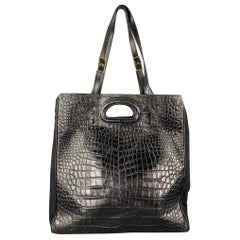 DRIES VAN NOTEN Black Alligator Embossed Leather Canvas Tote Handbag