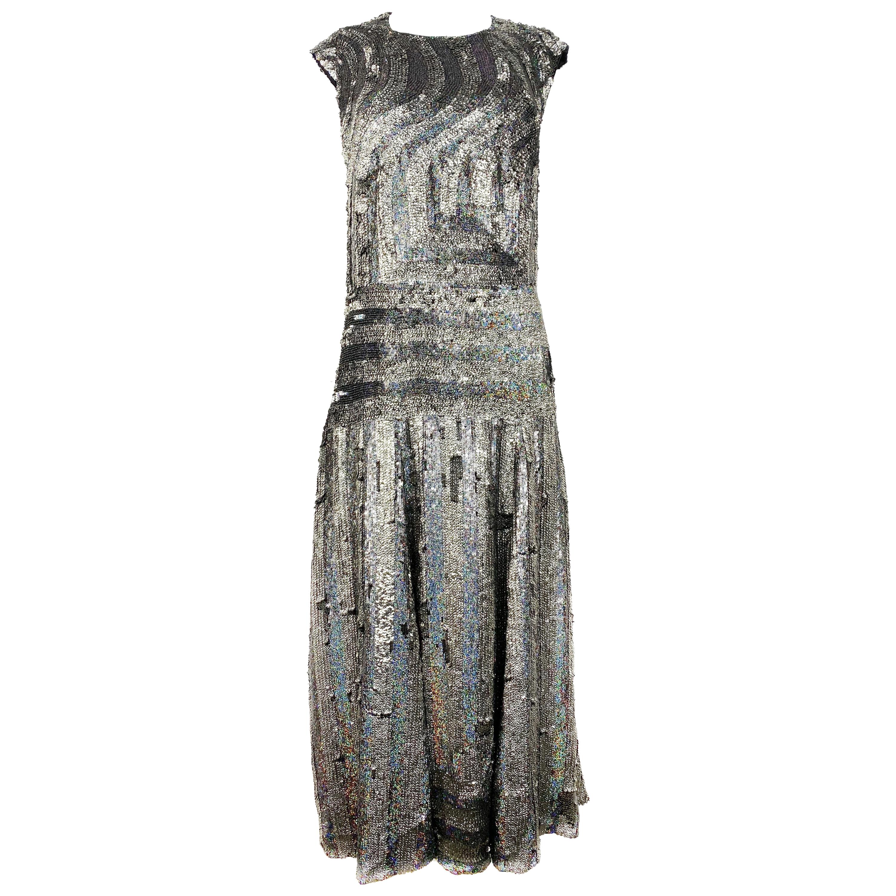 Dries Van Noten Black and Grey Metallic Sequin Evening Dress Size 42