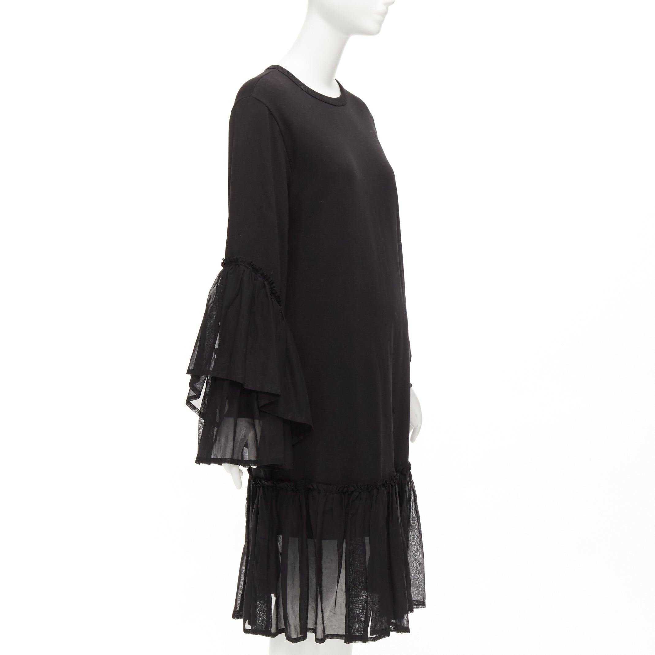 Black DRIES VAN NOTEN black cotton asymmetric sleeve ruffle hem sweatshirt dress S For Sale