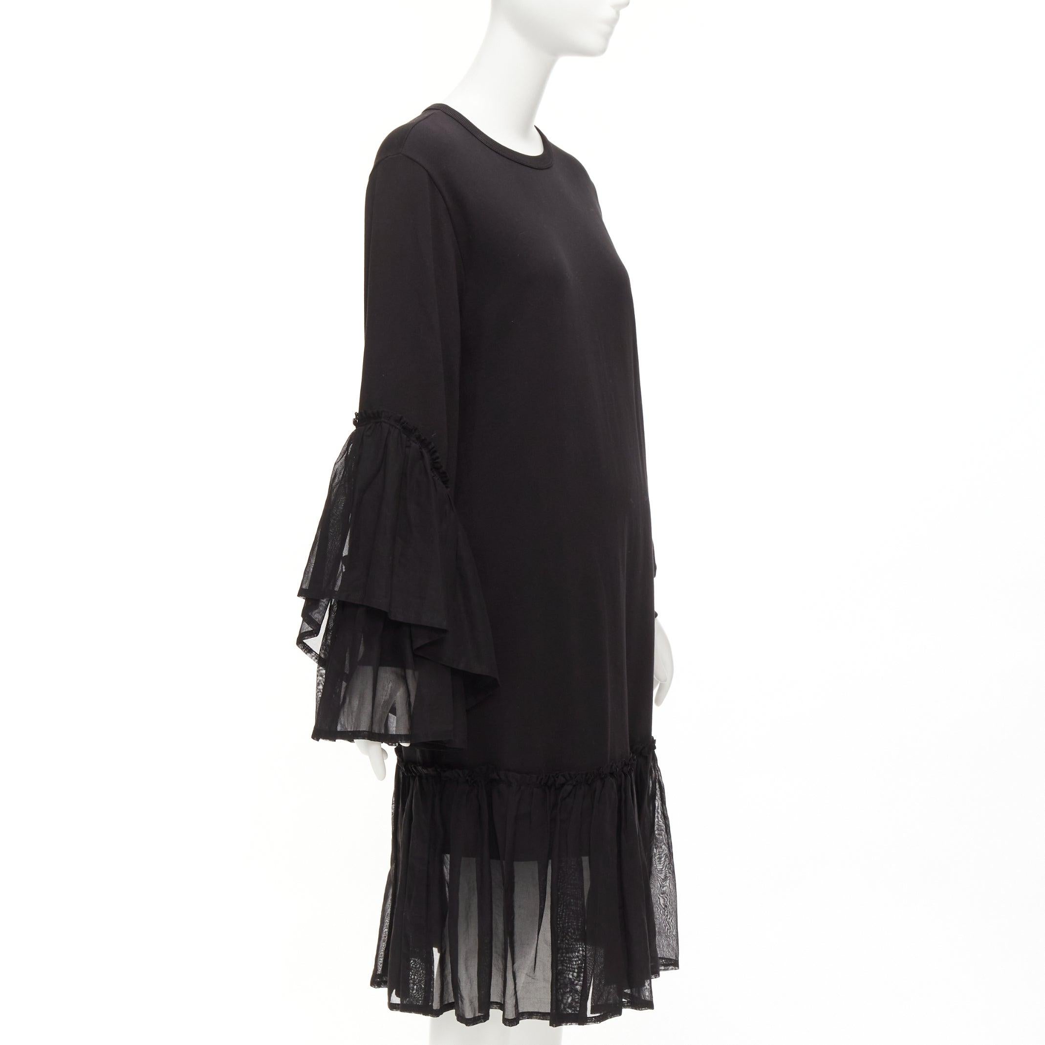 DRIES VAN NOTEN black cotton asymmetric sleeve ruffle hem sweatshirt dress S In Excellent Condition For Sale In Hong Kong, NT