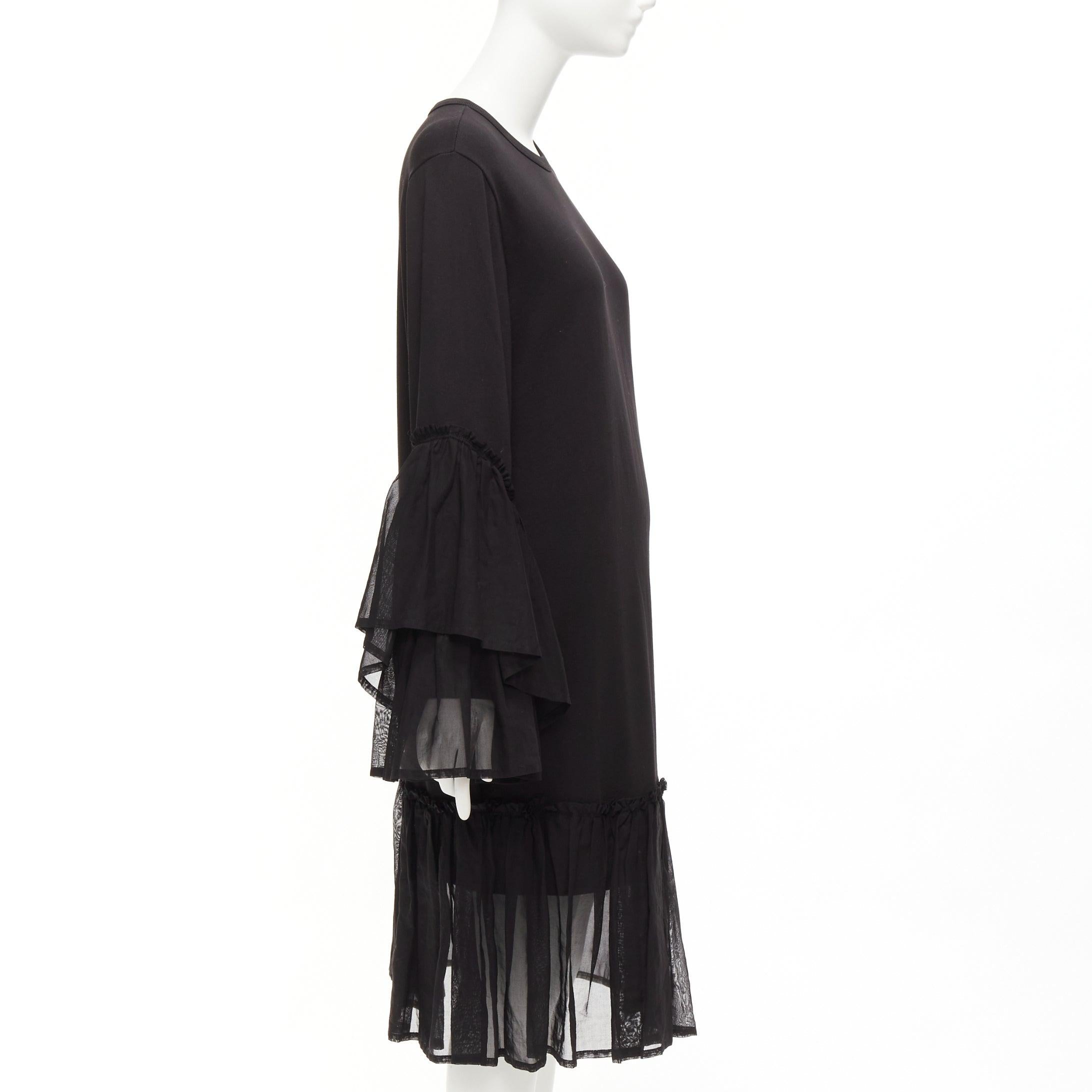 DRIES VAN NOTEN black cotton asymmetric sleeve ruffle hem sweatshirt dress S In Excellent Condition For Sale In Hong Kong, NT