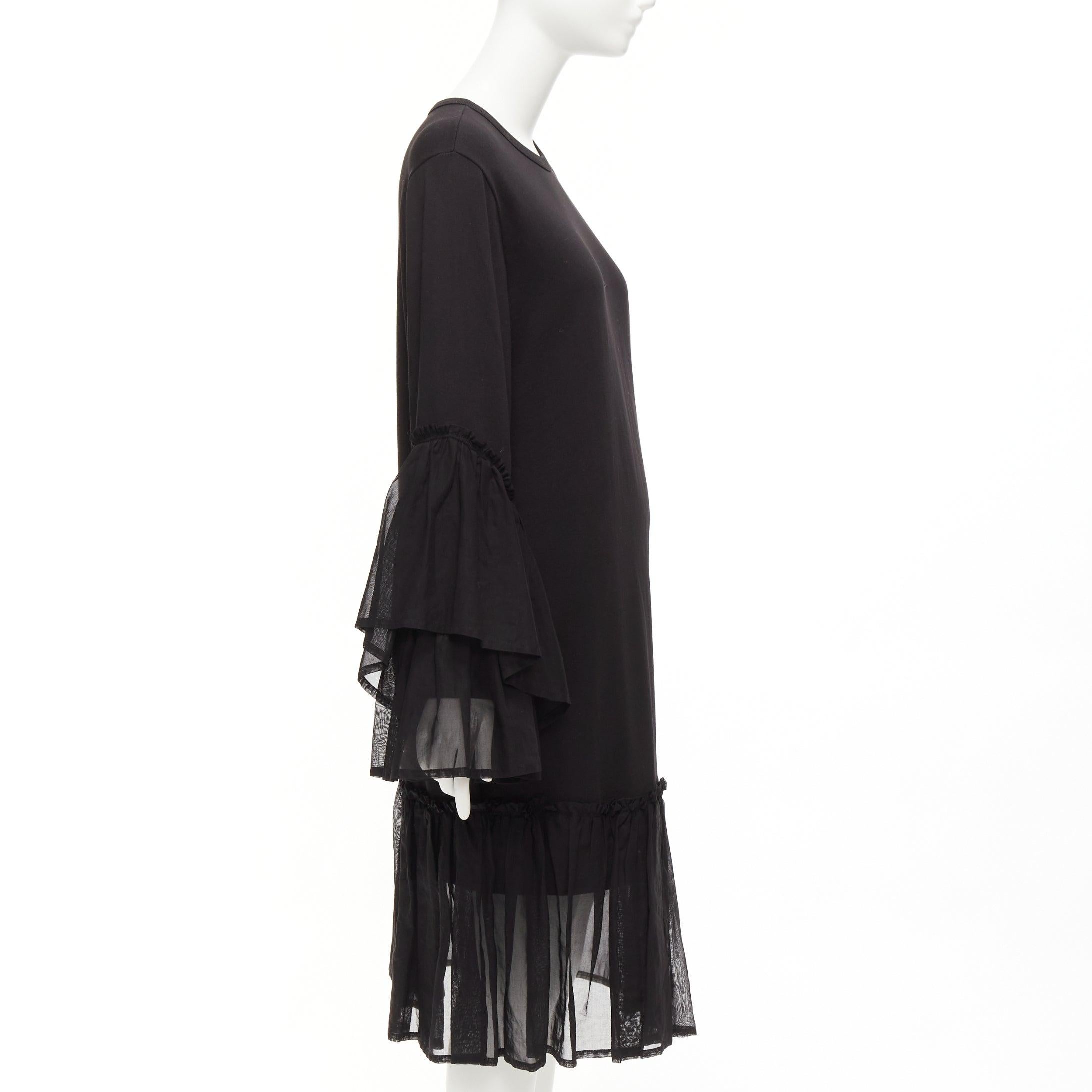 Women's DRIES VAN NOTEN black cotton asymmetric sleeve ruffle hem sweatshirt dress S For Sale