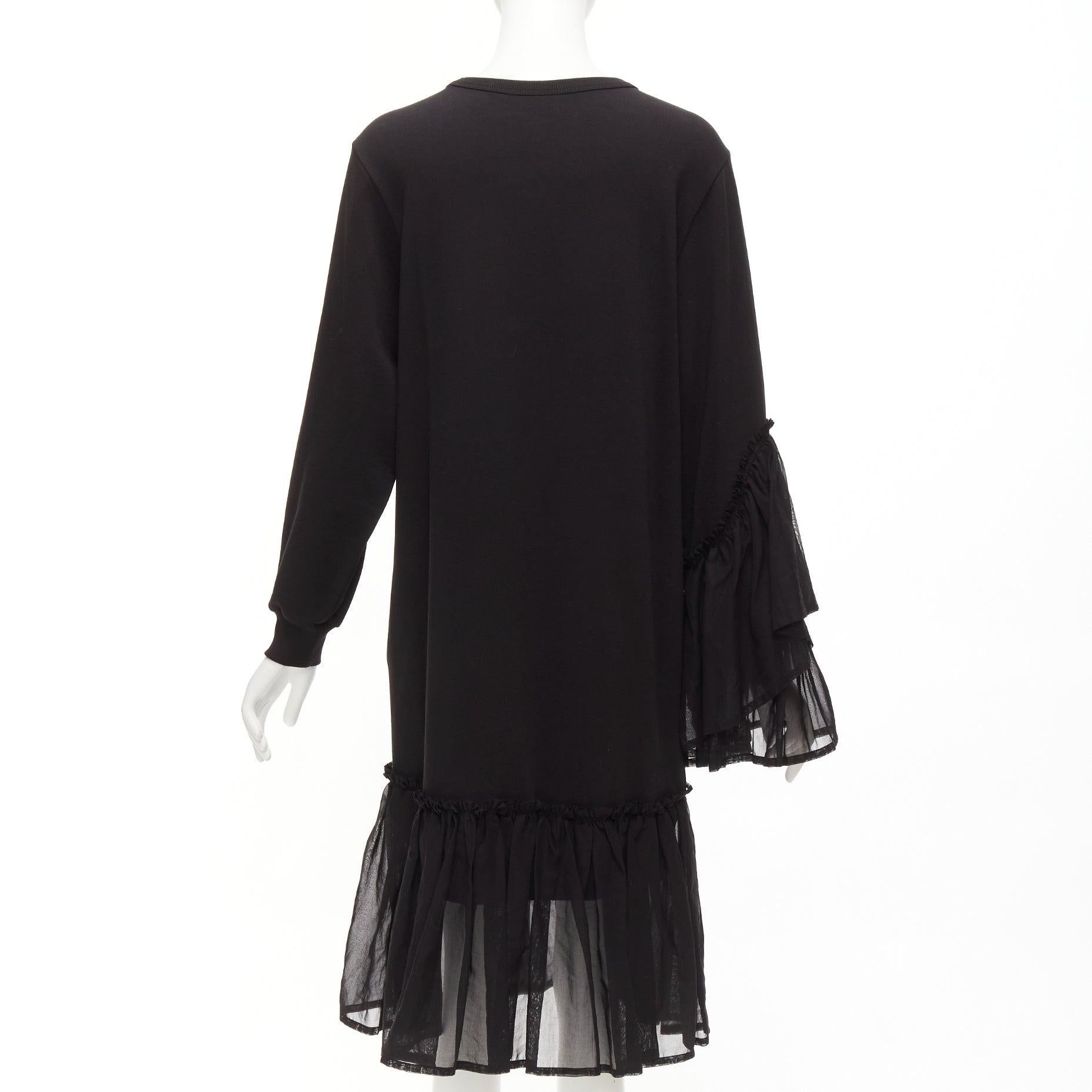 DRIES VAN NOTEN black cotton asymmetric sleeve ruffle hem sweatshirt dress S For Sale 1