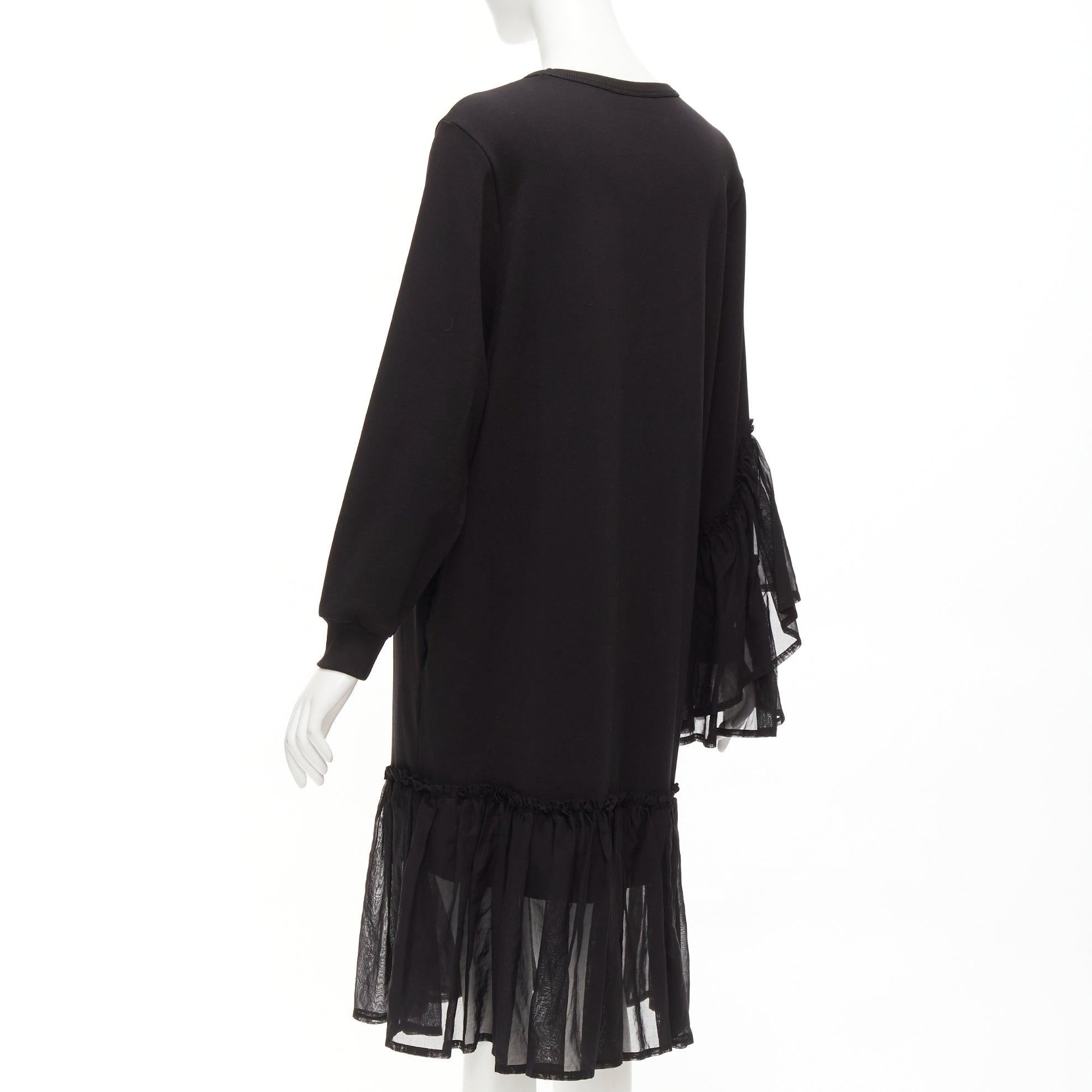DRIES VAN NOTEN black cotton asymmetric sleeve ruffle hem sweatshirt dress S For Sale 1