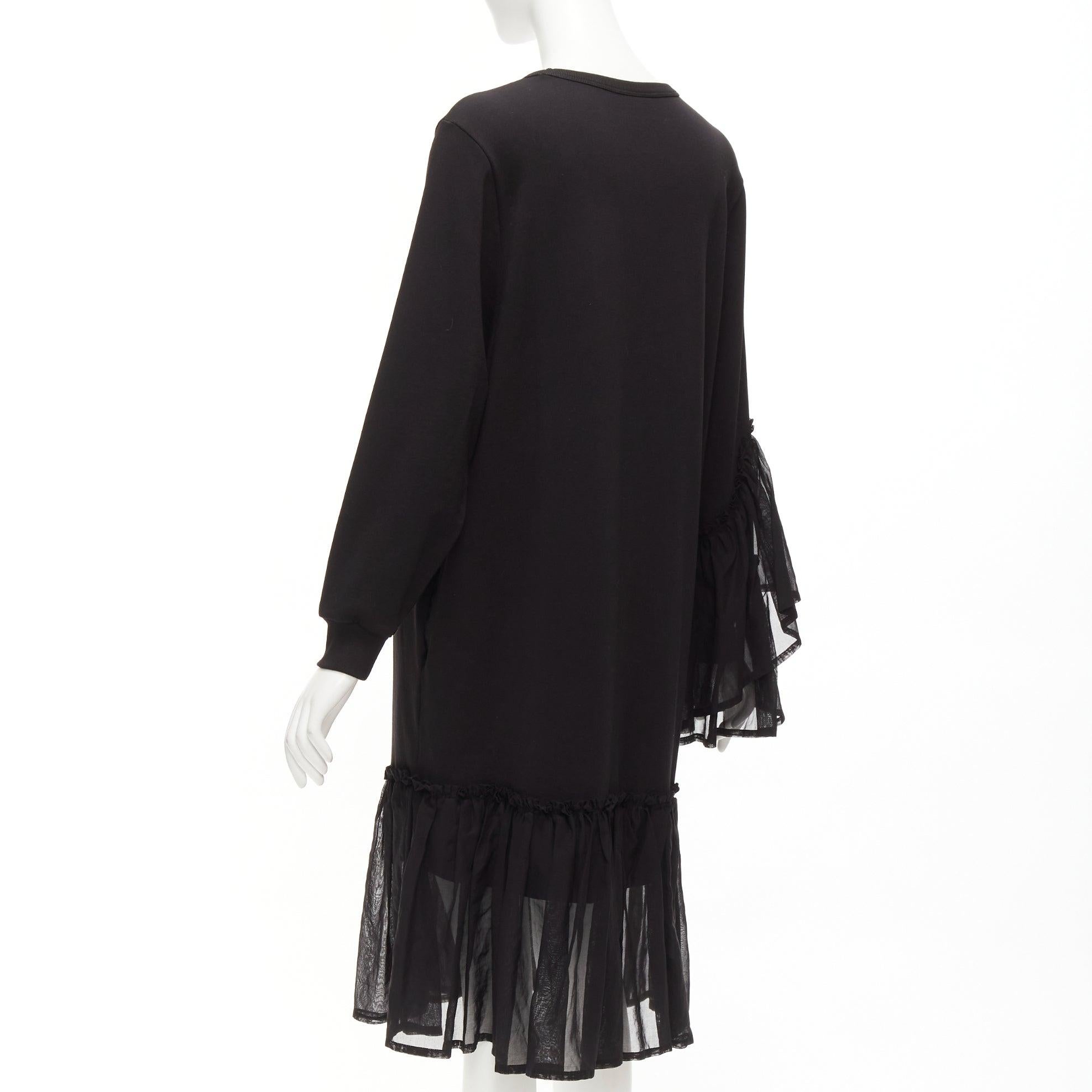 DRIES VAN NOTEN black cotton asymmetric sleeve ruffle hem sweatshirt dress S For Sale 2