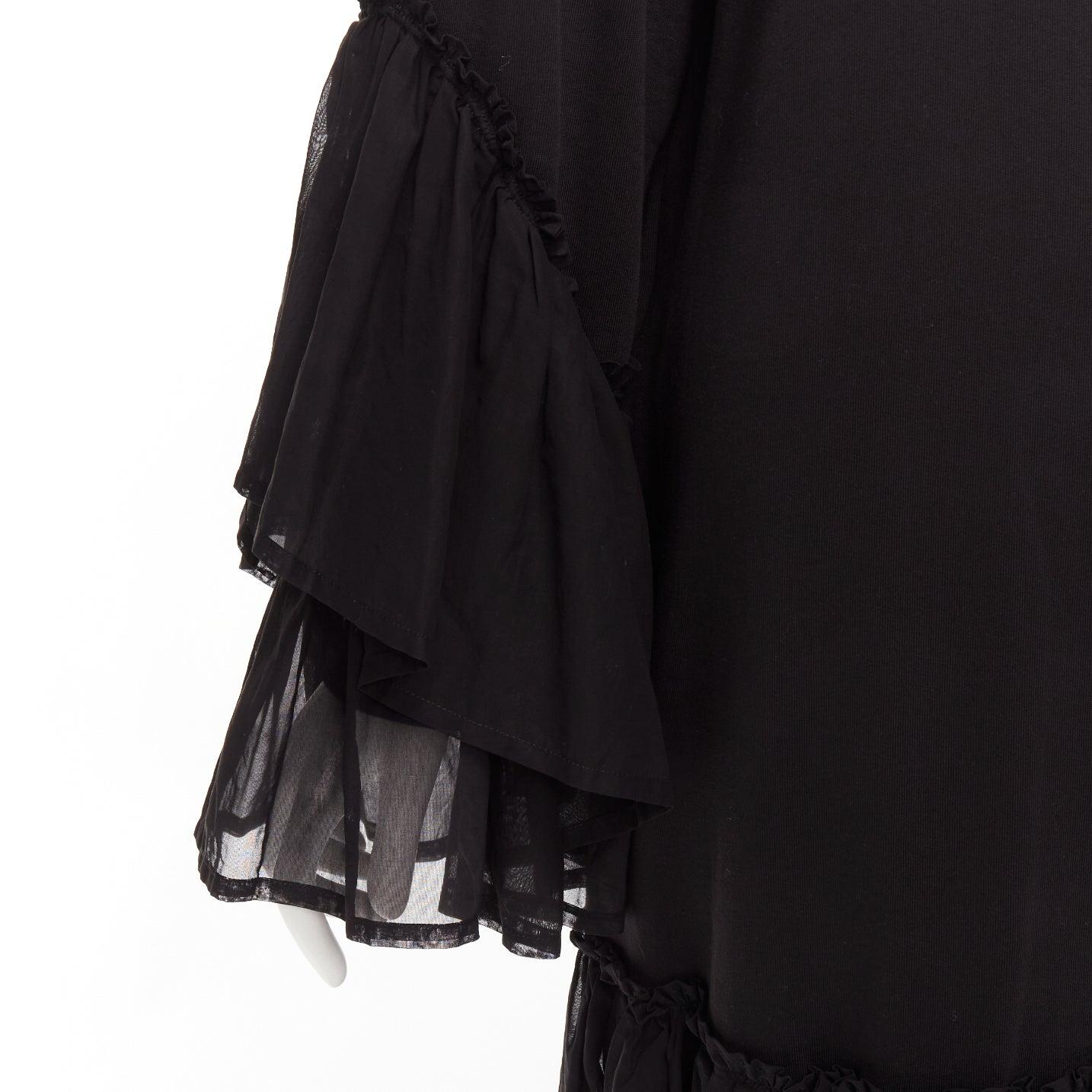 DRIES VAN NOTEN black cotton asymmetric sleeve ruffle hem sweatshirt dress S For Sale 3