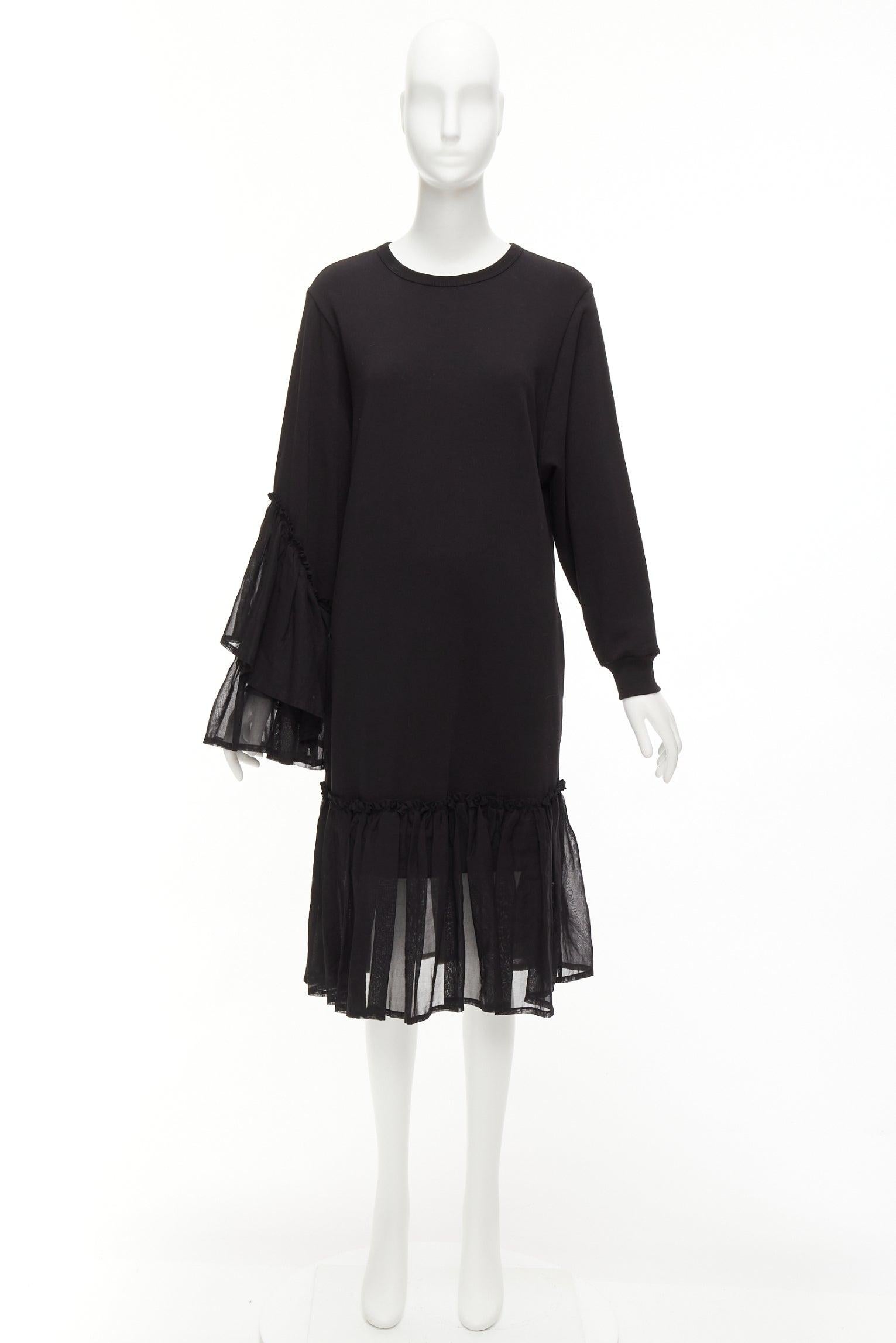 DRIES VAN NOTEN black cotton asymmetric sleeve ruffle hem sweatshirt dress S For Sale 4