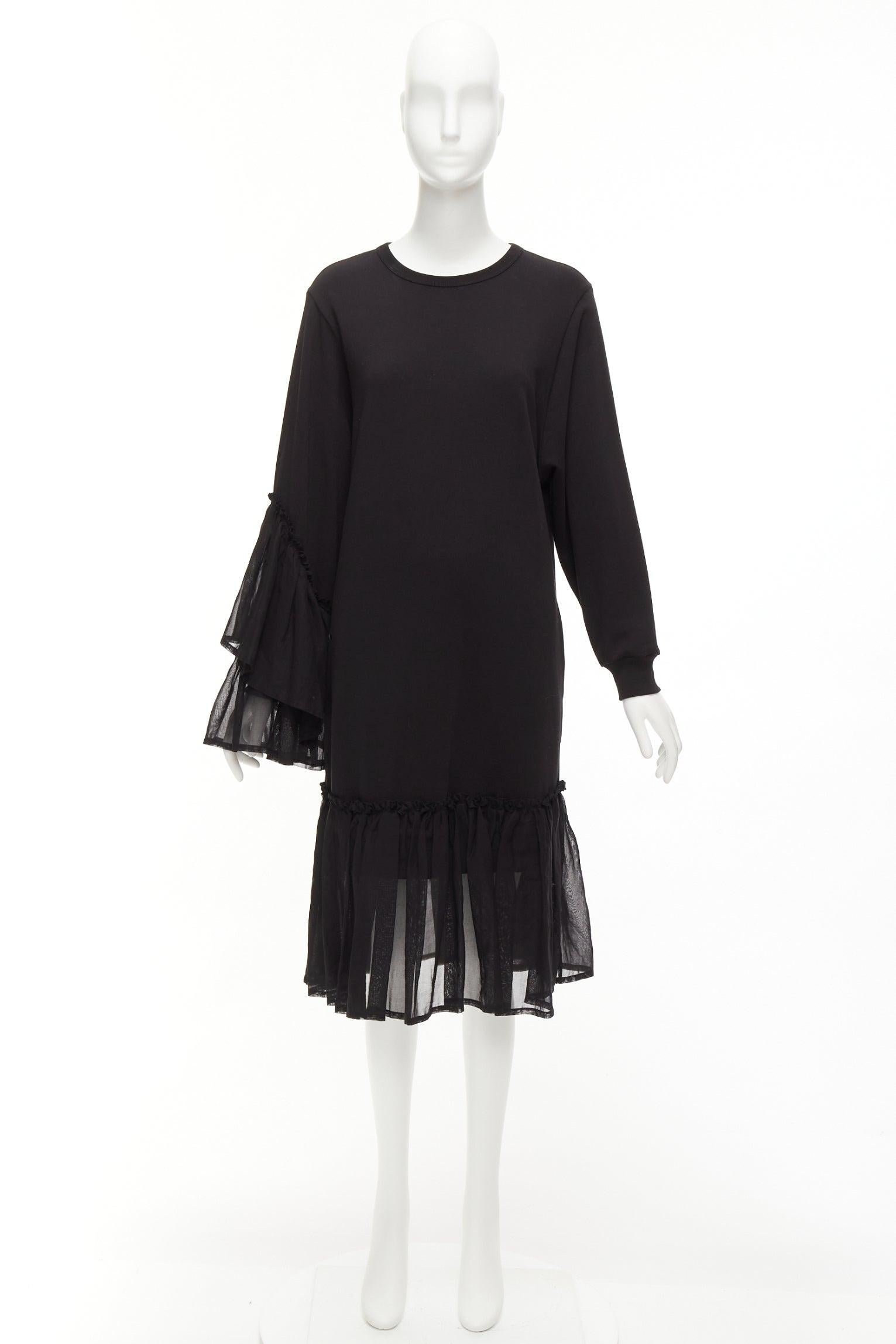 DRIES VAN NOTEN black cotton asymmetric sleeve ruffle hem sweatshirt dress S For Sale 5