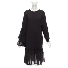 DRIES VAN NOTEN black cotton asymmetric sleeve ruffle hem sweatshirt dress S