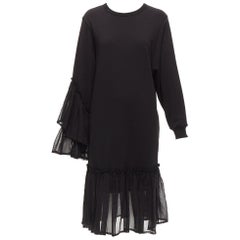 DRIES VAN NOTEN abito felpa in cotone nero con maniche asimmetriche e orlo a volant S