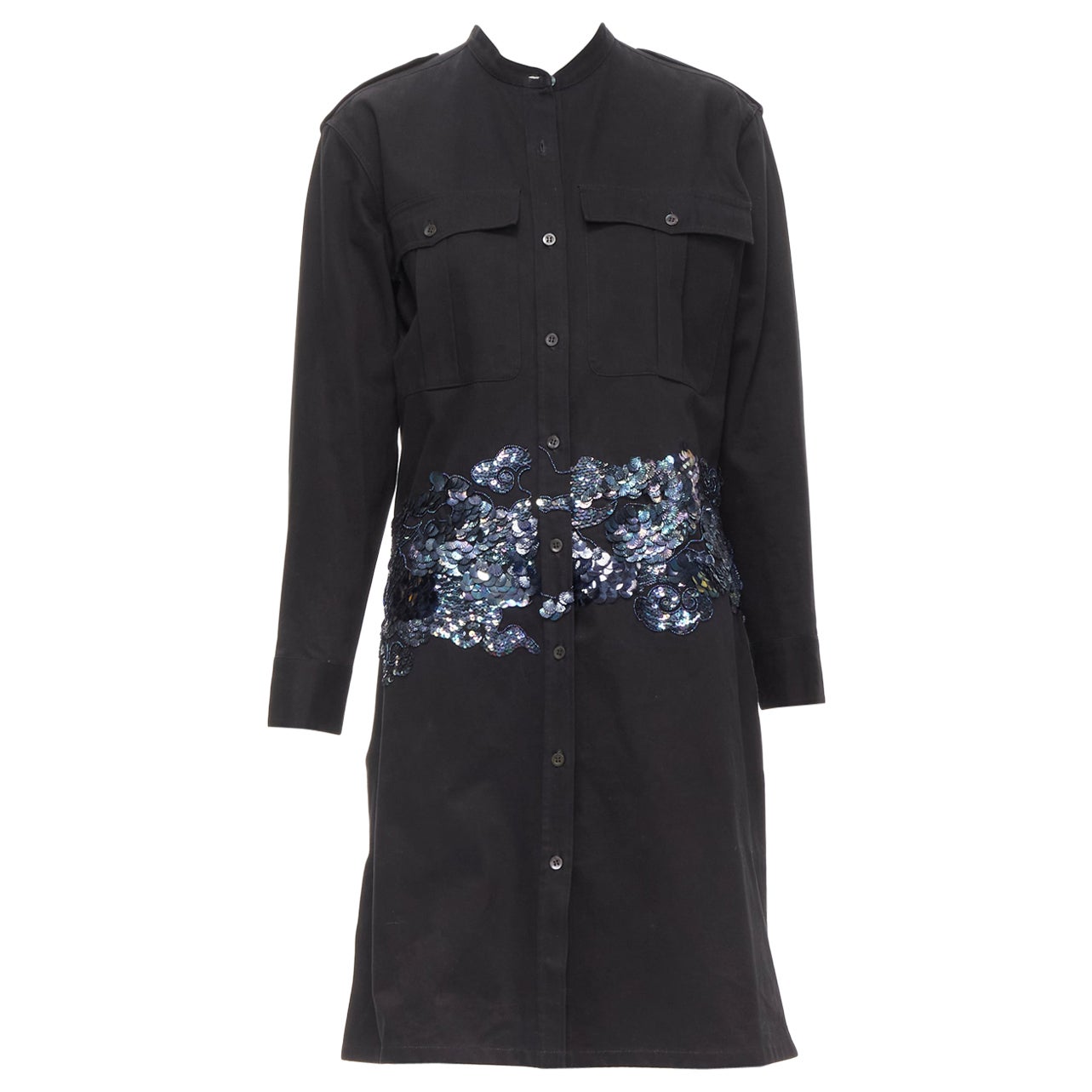DRIES VAN NOTEN black cotton oriental cloud sequins beaded cargo dress FR34 XS