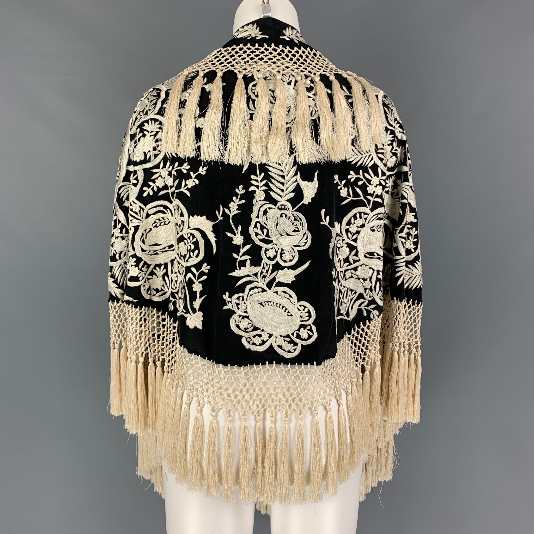 DRIES VAN NOTEN Black Cream Embroidered Silk Scarf In Good Condition In San Francisco, CA