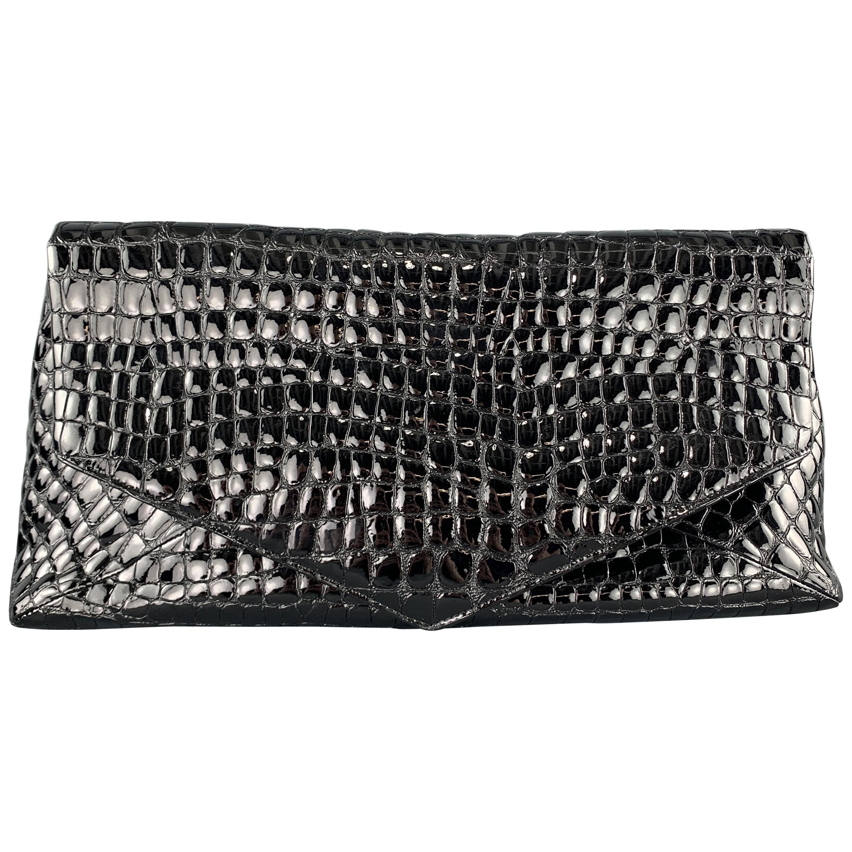 DRIES VAN NOTEN Black Crocodile Embossed Patent Leather Clutch Bag