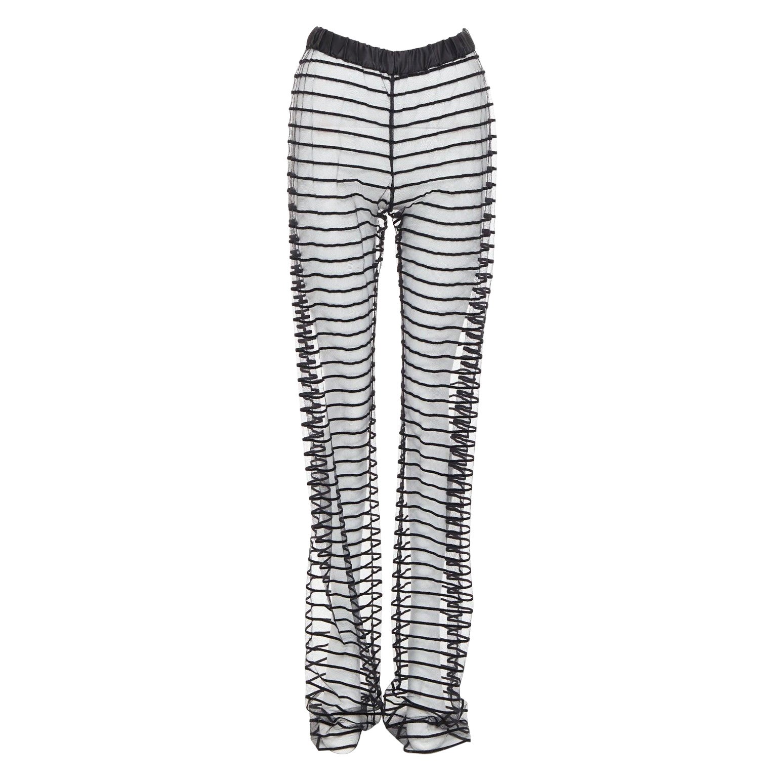DRIES VAN NOTEN pantaloni neri a righe in rete floccata a gamba tesa FR34 XS in vendita