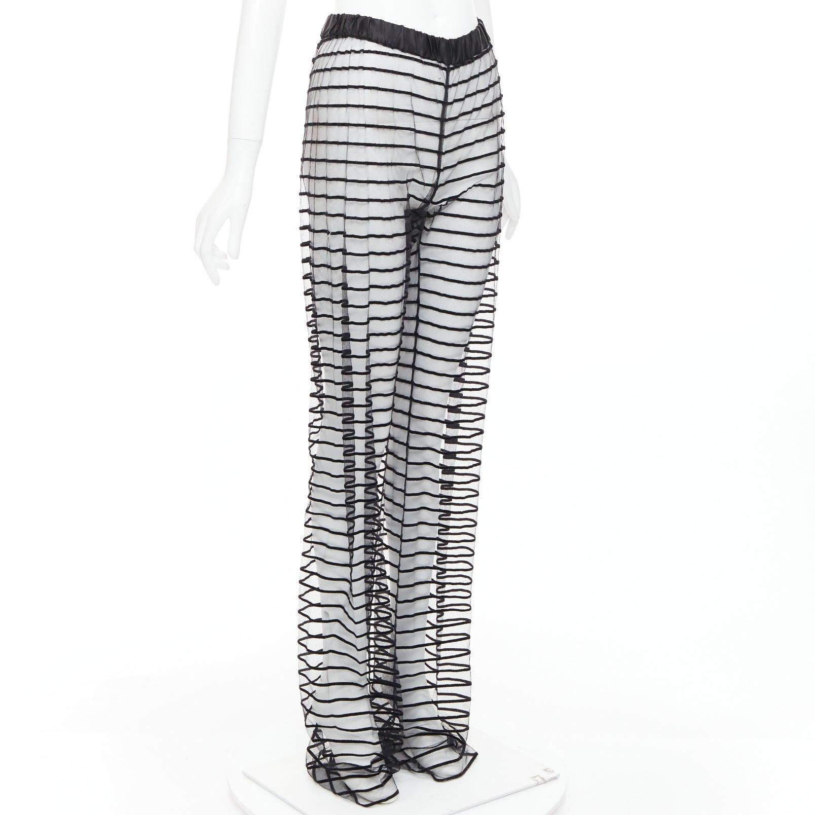Nero DRIES VAN NOTEN pantaloni a gamba tesa in rete floccata nera a righe FR38 M in vendita