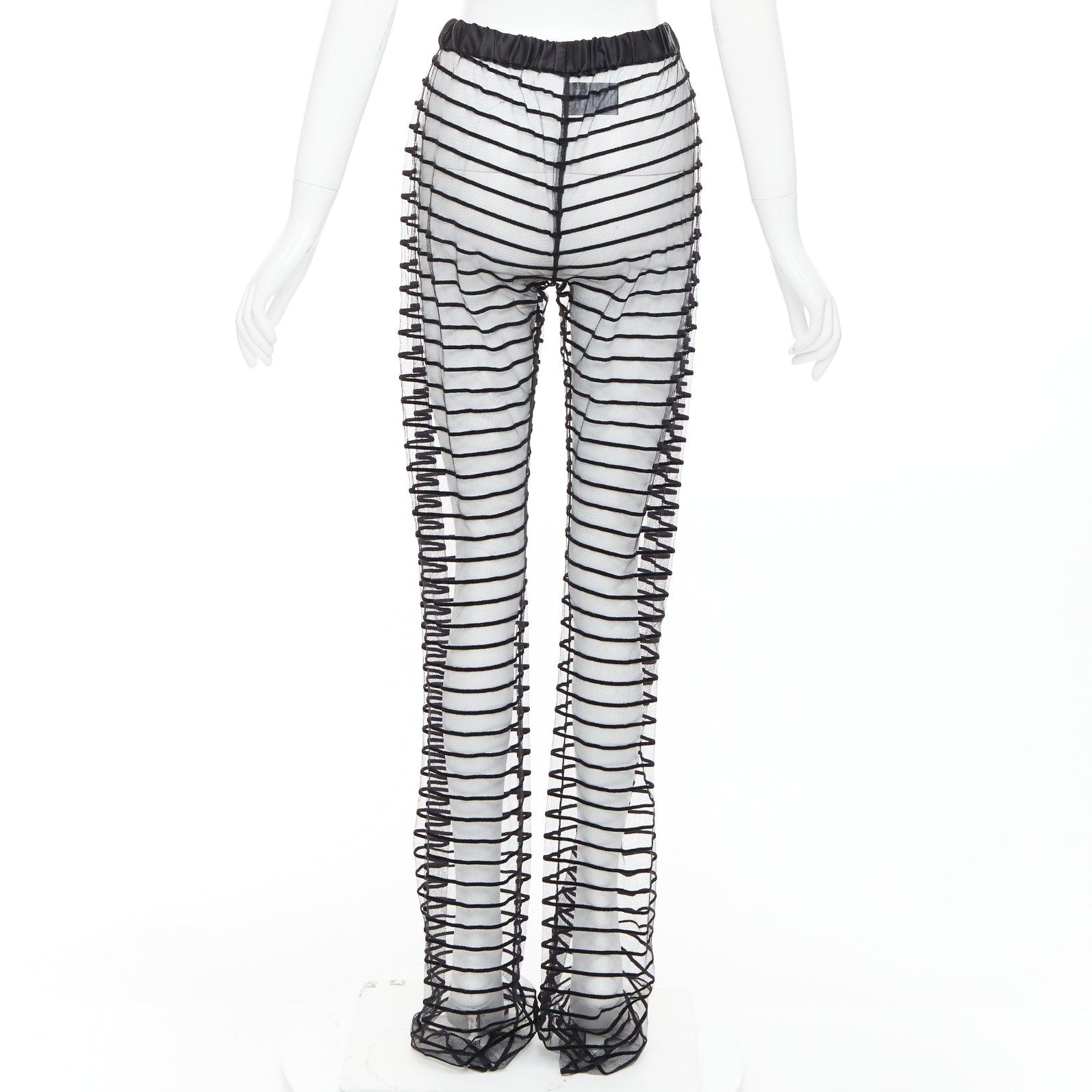 Donna DRIES VAN NOTEN pantaloni a gamba tesa in rete floccata nera a righe FR38 M in vendita