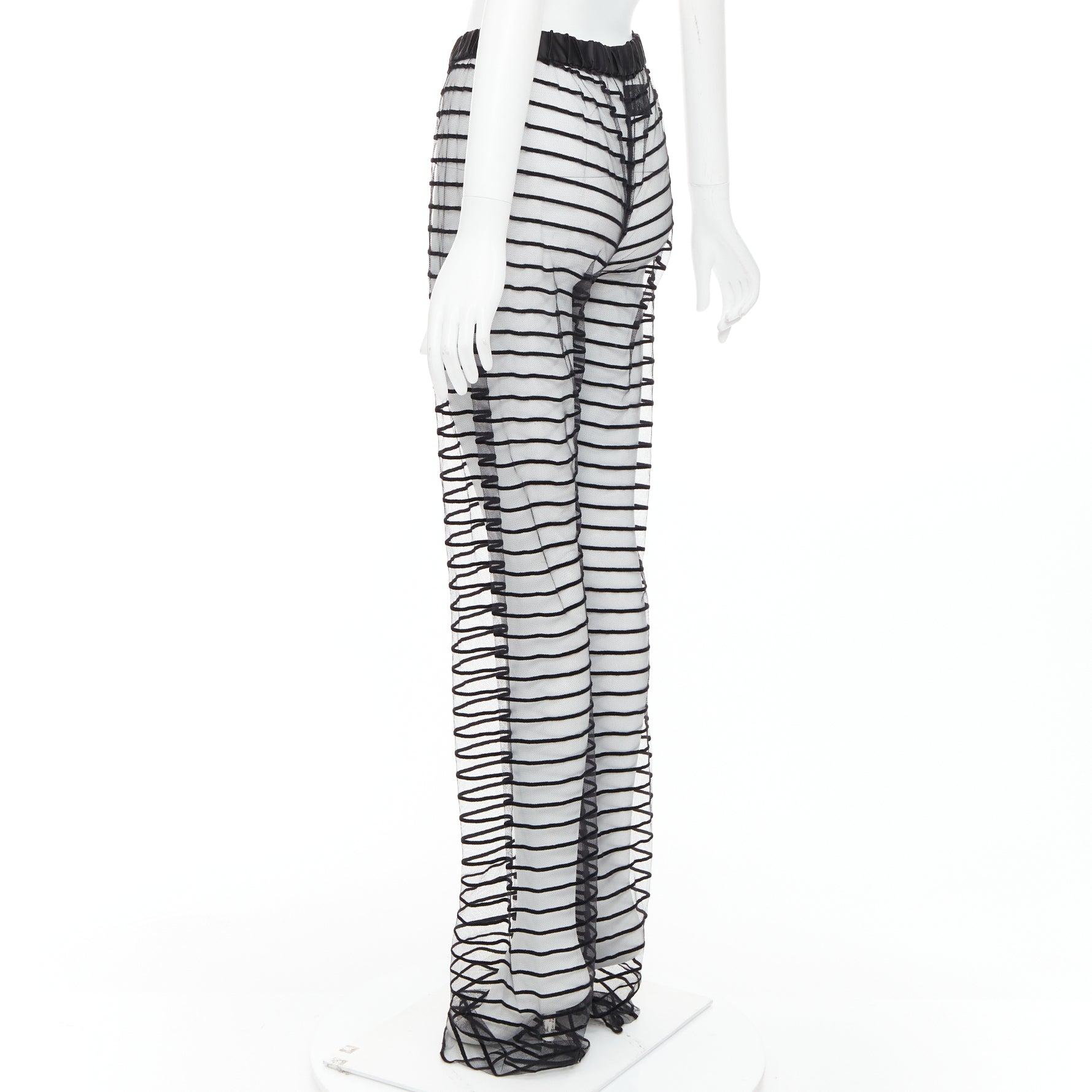 DRIES VAN NOTEN pantaloni a gamba tesa in rete floccata nera a righe FR38 M in vendita 1