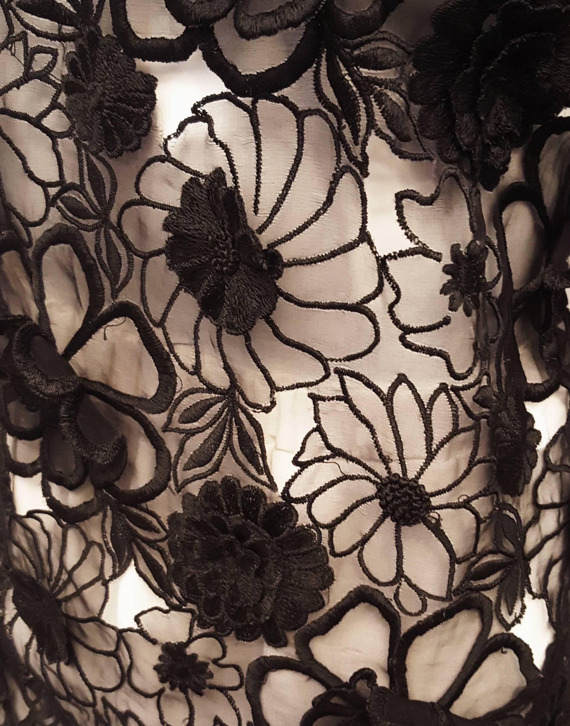 Dries Van Noten Black Floral Applique on Silk with Bateau Neckline Top In Excellent Condition For Sale In Palm Beach, FL
