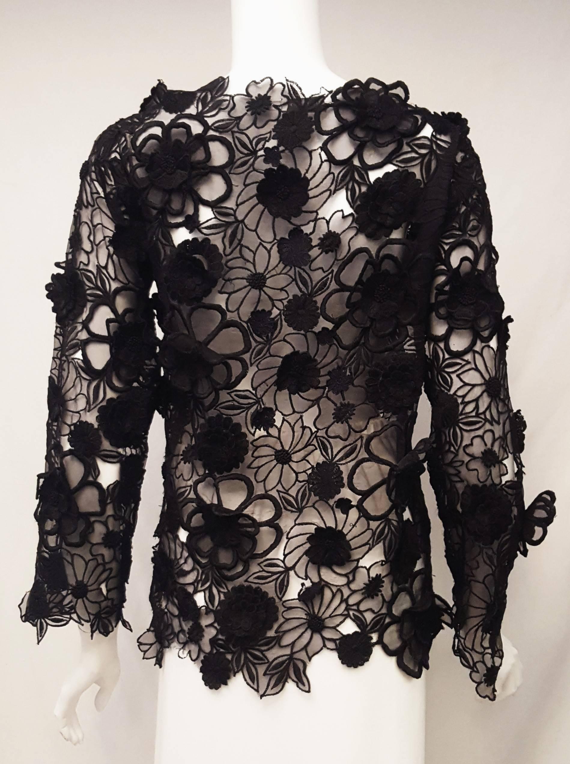 Dries Van Noten Black Floral Applique on Silk with Bateau Neckline Top For Sale 1