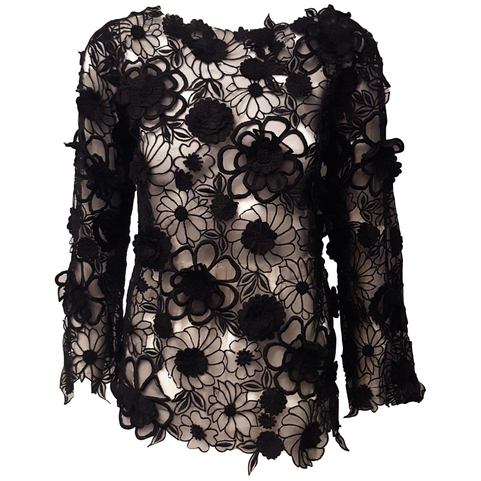 Dries Van Noten Black Floral Applique on Silk with Bateau Neckline Top For Sale