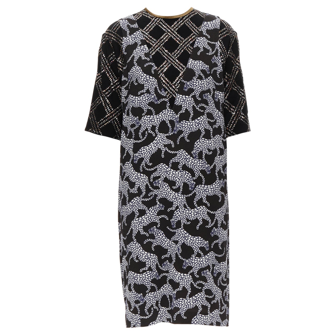 DRIES VAN NOTEN black glitter grid jacquard print illusion layered dress FR36 XS