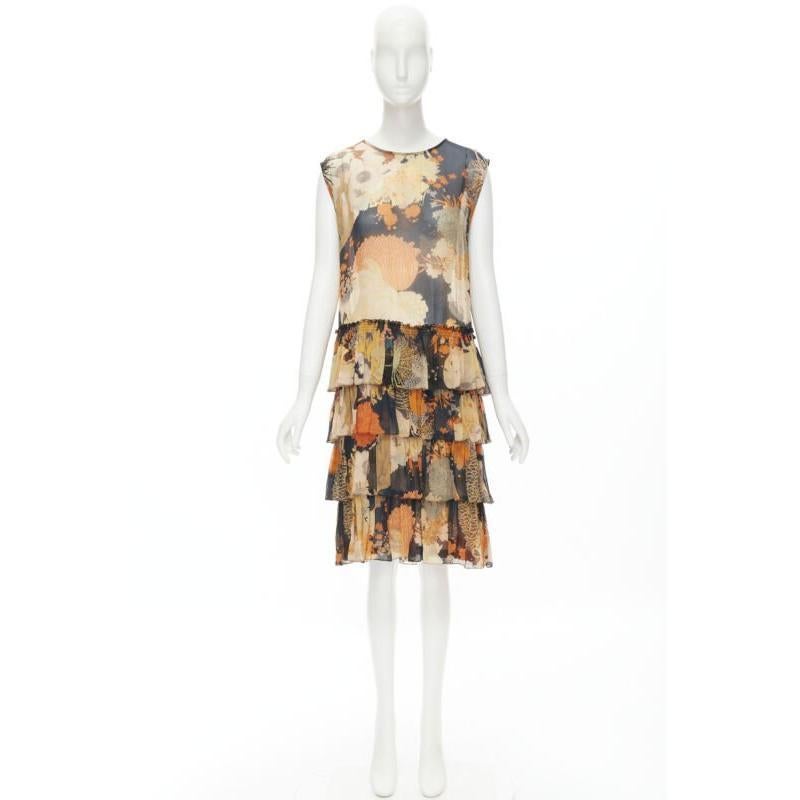 DRIES VAN NOTEN negro naranja Japonaise floral con volantes vestido de seda FR34 XS en venta 7