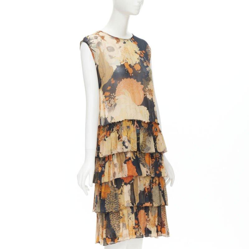 DRIES VAN NOTEN negro naranja Japonaise floral con volantes vestido de seda FR34 XS Beige en venta