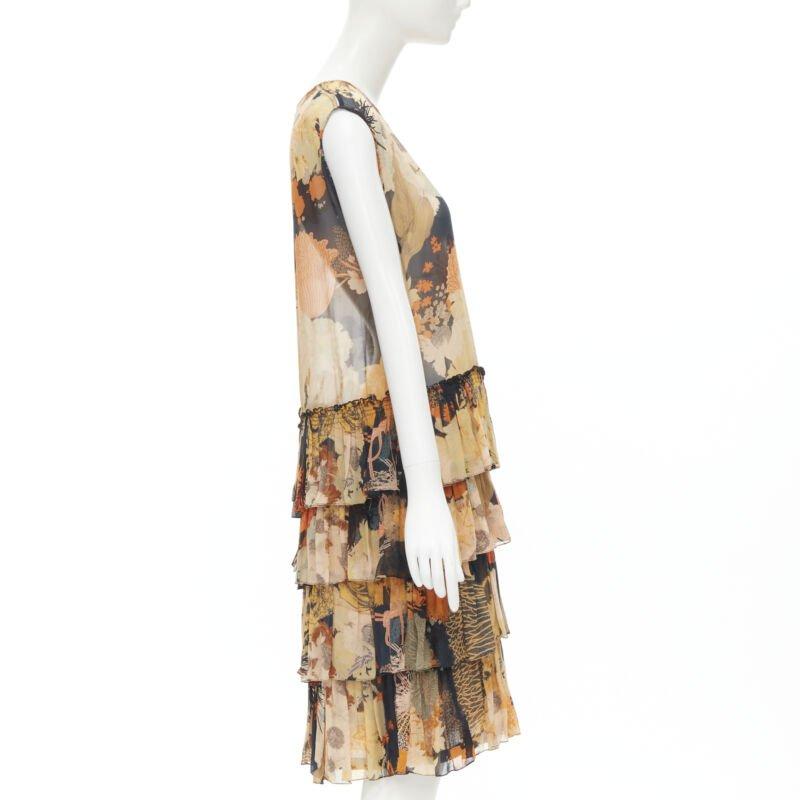 DRIES VAN NOTEN negro naranja Japonaise floral con volantes vestido de seda FR34 XS en Excelente estado para la venta en Hong Kong, NT