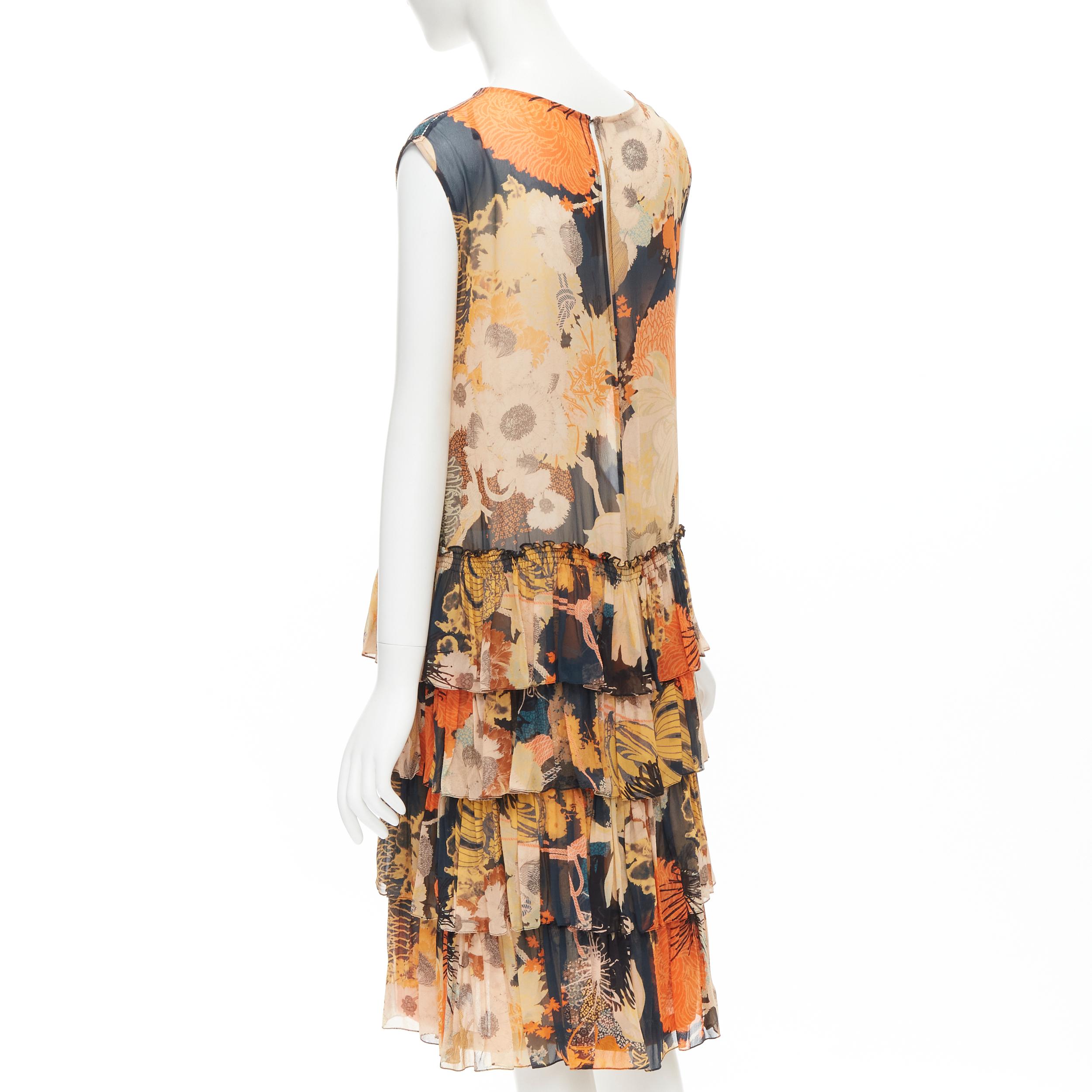 Beige DRIES VAN NOTEN black orange Japonaise floral tiered ruffle silk dress FR34 XS For Sale