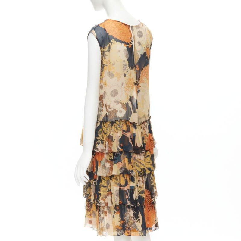 De las mujeres DRIES VAN NOTEN negro naranja Japonaise floral con volantes vestido de seda FR34 XS en venta