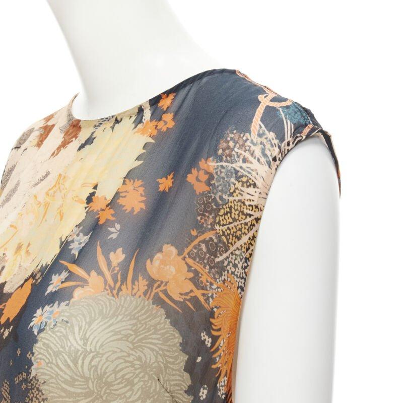 DRIES VAN NOTEN negro naranja Japonaise floral con volantes vestido de seda FR34 XS en venta 1