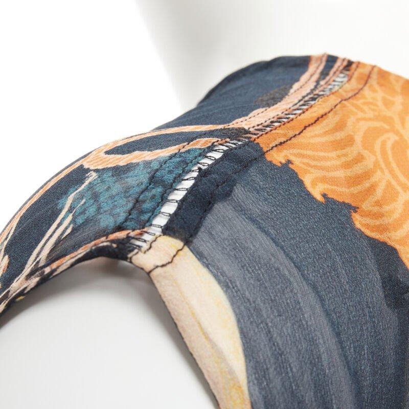 DRIES VAN NOTEN negro naranja Japonaise floral con volantes vestido de seda FR34 XS en venta 2