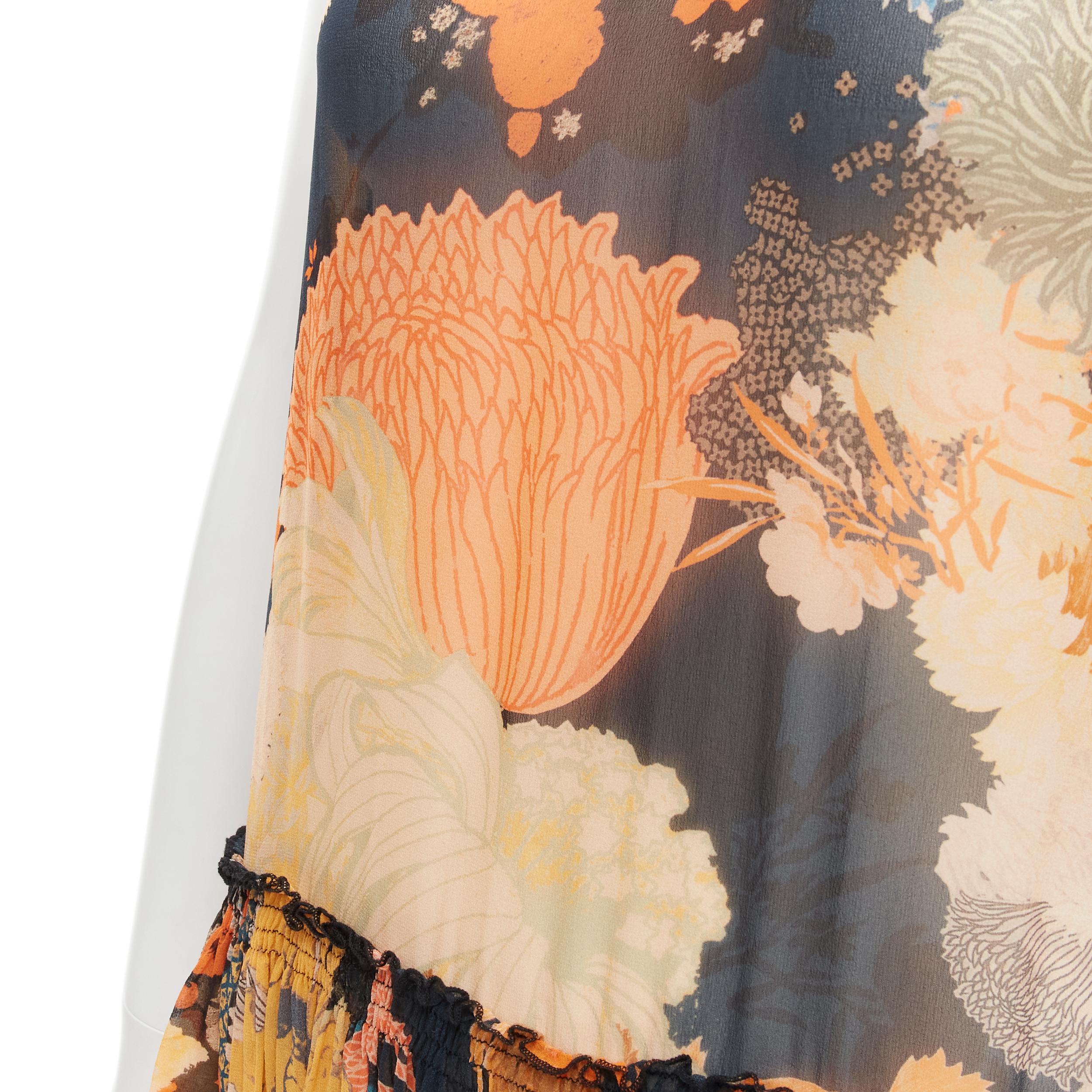 DRIES VAN NOTEN black orange Japonaise floral tiered ruffle silk dress FR34 XS 1