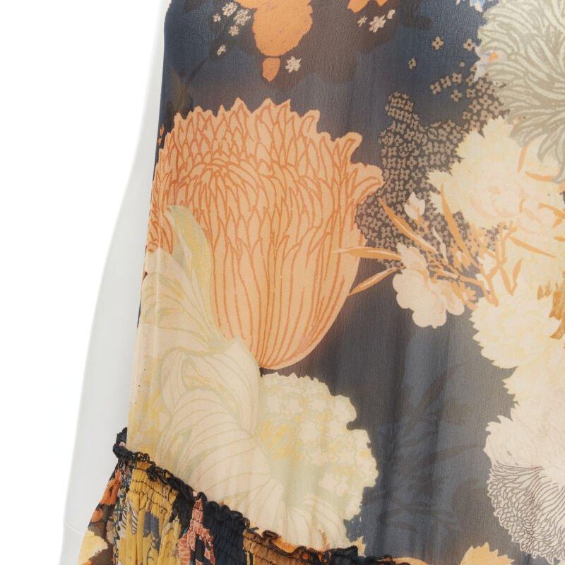 DRIES VAN NOTEN negro naranja Japonaise floral con volantes vestido de seda FR34 XS en venta 3